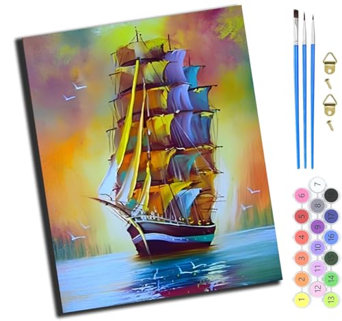 XIAOYOUQIAN Bemaltes Schiff,Malen Nach Zahlen Erwachsene,Diy Bastelset Handgemalt Ölgemälde Kit Mit 3,Pinseln Und Acrylfarbe Leinwand Kit,Geschenkideen,40X50 Cm,Ohne Rahmen von XIAOYOUQIAN