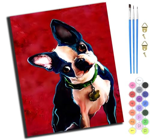 XIAOYOUQIAN Boston Terrier Aquarell Hund,Malen Nach Zahlen Erwachsene,40X50Cm,Be Creative Heimdekoration Anfänger Mit Pinsel Und Acrylfarben Ölgemälde Für Home Decor,Ohne Rahmen von XIAOYOUQIAN
