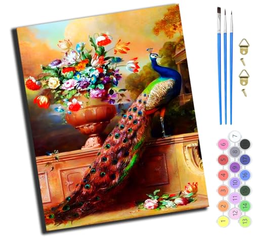 XIAOYOUQIAN Bunter Pfau Phönix Und Blumenbeet,Malen Nach Zahlen Erwachsene,Diy Handgemalt Ölgemälde Kit,Paint By Numbers Adult Mit 3,Pinseln Und Acrylfarbe Leinwand Kit,40X50 Cm,Ohne Rahmen von XIAOYOUQIAN