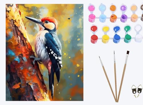 XIAOYOUQIAN Bunter Specht，Malen Nach Zahlen Erwachsene Kinder, Mädchen und Junge, Farbiges Leinwand Acrylfarben DIY Ölgemälde Set zur Heimdekoration, 40x50cm ，ohne Rahmen von XIAOYOUQIAN