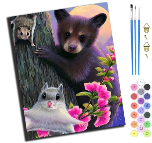 XIAOYOUQIAN Cartoon Bär Und Maus Glückliche Tiere,Malen Nach Zahlen,Diy Handgemalt Ölgemälde,3 Pinseln Und Vorgedruckt Leinwand，Ölgemälde,Festival Geschenk Home Deko，40X50Cm,Mit Rahmen von XIAOYOUQIAN