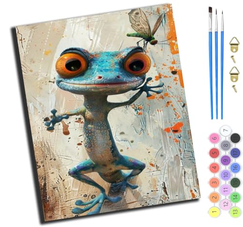 XIAOYOUQIAN Cartoon Blauer Gecko Und Mücke,Art Malen Nach Zahlen Erwachsene,Diy Handgemalt Ölgemälde Leinwand Set Für Home Haus Deko,(40X50Cm),Ohne Rahmen von XIAOYOUQIAN