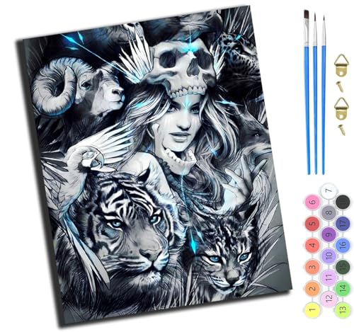 XIAOYOUQIAN Cartoon Comic Totenkopf Mädchen Und Tiere,Art Malen Nach Zahlen Erwachsene,Diy Handgemalt Ölgemälde Leinwand Set Für Home Haus Deko,(40X50Cm),Mit Rahmen von XIAOYOUQIAN