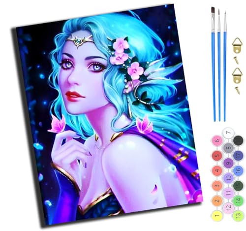 XIAOYOUQIAN Cartoon Märchen Blaue Haare Elfe Mädchen,Art Malen Nach Zahlen Erwachsene,Diy Handgemalt Ölgemälde Leinwand Set Für Home Haus Deko,(40X50Cm),Mit Rahmen von XIAOYOUQIAN