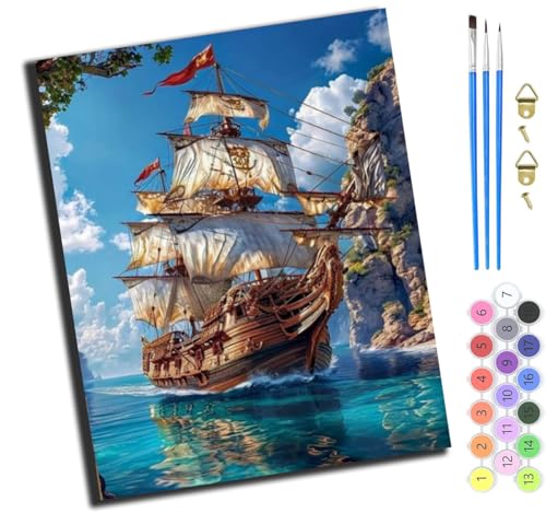 XIAOYOUQIAN Cartoon Ozean Segelboot,Malen Nach Zahlen Erwachsene,Diy Handgemalt Ölgemälde Kit,Anfänger Kreativ Bastelset Für Erwachsene Und Mädchen Geschenk,16X20 Inch,Mit Rahmen von XIAOYOUQIAN