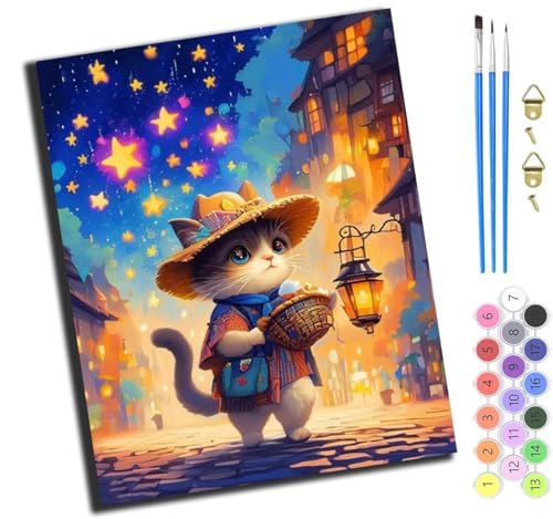 XIAOYOUQIAN Cartoon-Strohhut-Katze,Malen Nach Zahlen Erwachsene,Diy Mit Pinseln Und Acrylfarben Handgemalt Ölgemälde Leinwand Für Home Decor,(40X50Cm),Mit Rahmen von XIAOYOUQIAN