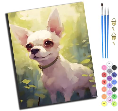 XIAOYOUQIAN Cartoon-Weißer Chihuahua,Malen Nach Zahlen Erwachsene,Paint By Numbers,Diy Handgemalt Ölgemälde Mit 3,Pinseln Und Acrylfarbe Knitterfreie Leinwand Kit,40X50 Cm,Mit Rahmen von XIAOYOUQIAN