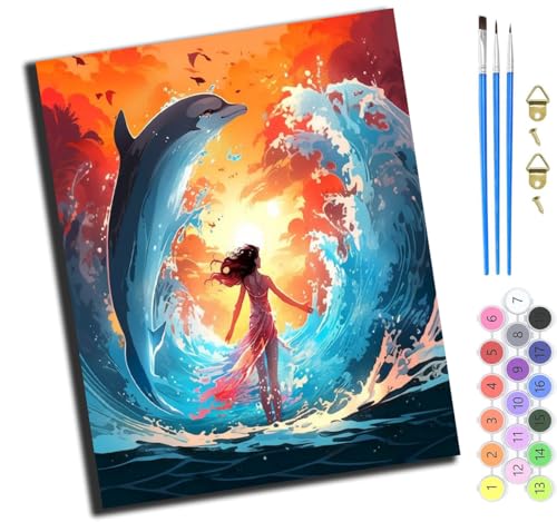 XIAOYOUQIAN Delfin Und Sonnenuntergangsmädchen,Malen Nach Zahlen Erwachsene,Diy Handgemalt Ölgemälde Kit,Inklusive Pinsel Und Acrylfarben,40X50 Cm,Ohne Rahmen von XIAOYOUQIAN