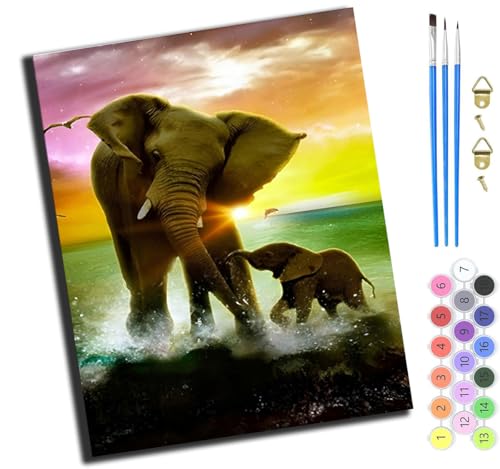 XIAOYOUQIAN Elefantenmutter Und Elefantenbaby Spielen Am Strand,Malen Nach Zahlen Erwachsene,Diy Ölgemälde Leinwand Set Mit 3 Pinsel Und Acrylpigment Für Geburtstag Deko Geschenk,40X50 Cm,Ohne Rahmen von XIAOYOUQIAN