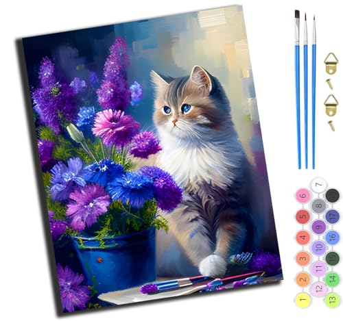 XIAOYOUQIAN Fantasie Lila Blumen Und Katze,Malen Nach Zahlen Erwachsene,Diy Handgemalt Ölgemälde Kit,40X50 Cm,Paint By Numbers Adult Mit 3,Pinseln Und Acrylfarbe Leinwand Kit,Ohne Rahmen von XIAOYOUQIAN