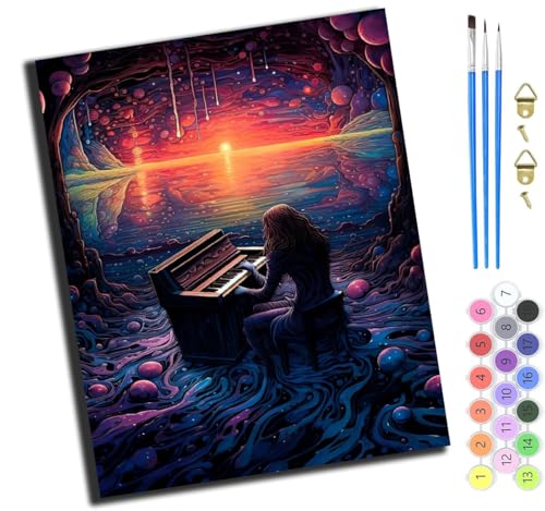 XIAOYOUQIAN Fantasiestrand Und Klaviermädchen,Malen Nach Zahlen Erwachsene Kinder,Mädchen Und Junge,Farbiges Leinwand Acrylfarben Diy Ölgemälde Set Zur Heimdekoration,40X50Cm,Mit Rahmen von XIAOYOUQIAN