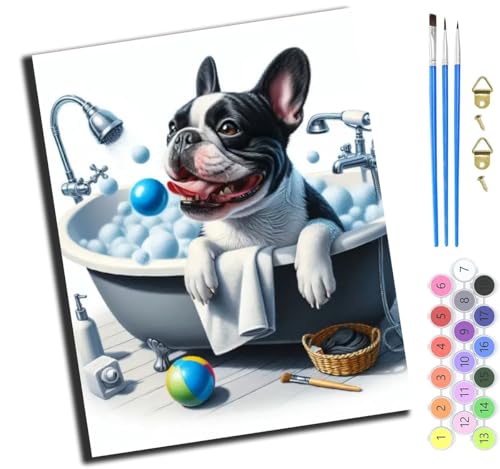 XIAOYOUQIAN Französische Bulldogge Beim Baden,Malen Nach Zahlen Erwachsene,Paint By Numbers,Diy Handgemalt Ölgemälde Mit 3,Pinseln Und Acrylfarbe Leinwand Kit,40X50 Cm,Ohne Rahmen von XIAOYOUQIAN