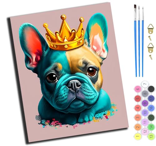 XIAOYOUQIAN Französisches Bulldoggenbaby Mit Goldener Krone,Malen Nach Zahlen Erwachsene,Diy Handgemalt Ölgemälde Kit,Groß Diy Ölgemälde Kit Für Anfänger,Knitterfreie Leinwand,40X50Cm，Ohne Rahmen von XIAOYOUQIAN