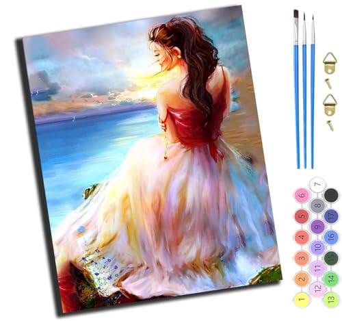 XIAOYOUQIAN Frau Im Weißen Gazerock Am Strand,Malen Nach Zahlen Erwachsene,Diy Handgemalt Ölgemälde,Mit Pinseln Malerei Kits Erwachsene Kunsthandwerk Für Zuhause 40X50 Cm,Ohne Rahmen von XIAOYOUQIAN