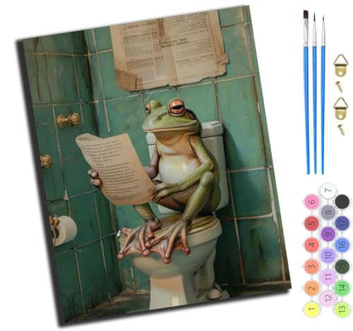 XIAOYOUQIAN Frosch In Der Toilette,Malen Nach Zahlen Erwachsene,Diy Handgemalt Ölgemälde,Mit Pinseln Malerei Kits Erwachsene Kunsthandwerk Für Zuhause 40X50 Cm,Mit Rahmen von XIAOYOUQIAN