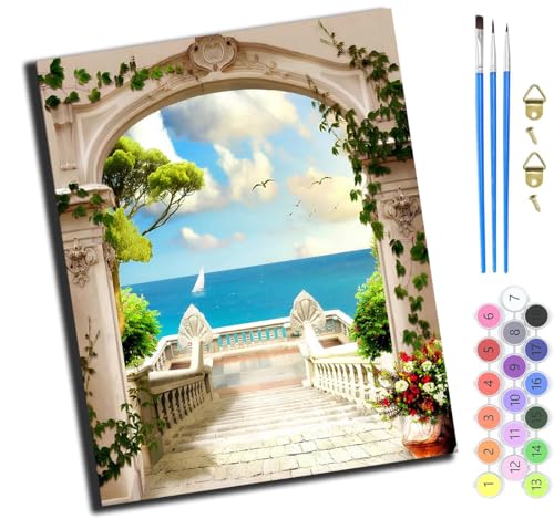 XIAOYOUQIAN Gartenlandschaft Am Meer,Malen Nach Zahlen Erwachsene,Diy Mit Pinseln Und Acrylfarben Handgemalt Ölgemälde Leinwand Für Home Decor,(40X50Cm),Ohne Rahmen von XIAOYOUQIAN