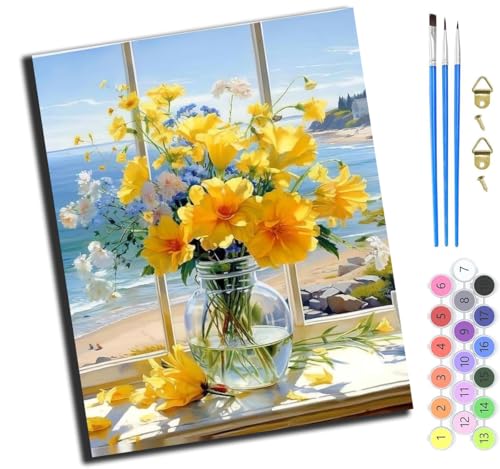 XIAOYOUQIAN Gelbe Blumen Auf Der Fensterbank Am Meer,Malen Nach Zahlen Erwachsene,Diy Handgemalt Ölgemälde Kit,Groß Diy Ölgemälde Kit Für Anfänger,Knitterfreie Leinwand,40X50Cm，Ohne Rahmen von XIAOYOUQIAN