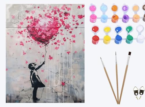XIAOYOUQIAN Graffiti Mädchen Blumen Luftballons，Malen Nach Zahlen Erwachsene, DIY mit Pinseln und Acrylfarben Handgemalt Ölgemälde Leinwand für Home Decor, (40x50cm) ，mit Rahmen von XIAOYOUQIAN