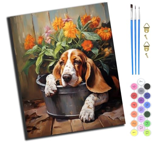 XIAOYOUQIAN Holzfass Und Hund Basset Hound,Malen Nach Zahlen Erwachsene,Diy Bastelset Handgemalt Ölgemälde Geschen Kit Mit 3,Pinseln Und Acrylfarbe Knitterfreie Leinwand Kit,40X50 Cm,Ohne Rahmen von XIAOYOUQIAN