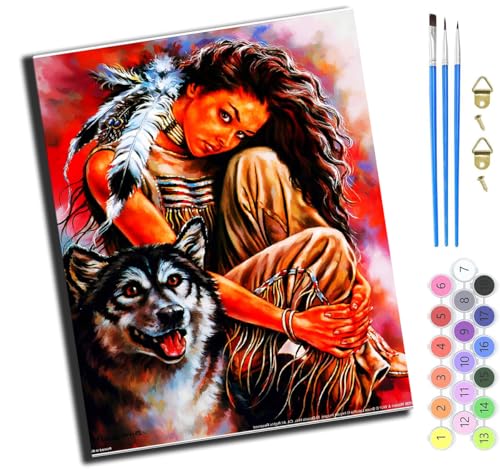 XIAOYOUQIAN Indianermädchen Und Wolf,Malen Nach Zahlen Erwachsene,Diy Mit Pinseln Und Acrylfarben Handgemalt Ölgemälde Leinwand Für Home Decor,(40X50Cm),Mit Rahmen von XIAOYOUQIAN