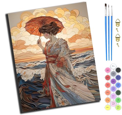 XIAOYOUQIAN Japanisches Mädchen Mit Einem Sonnenschirm Am Strand,Malen Nach Zahlen Erwachsene,Diy Handgemalt Ölgemälde Kit,Inklusive Pinsel Und Acrylfarben,40X50 Cm,Ohne Rahmen von XIAOYOUQIAN