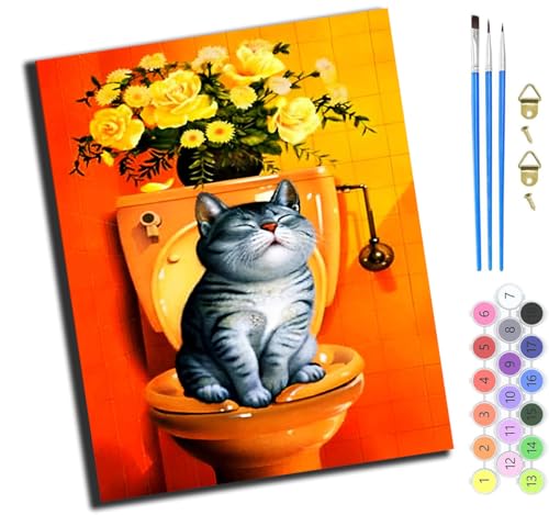XIAOYOUQIAN Katze Auf Der Toilette,Malen Nach Zahlen Erwachsene,Diy Handgemalt Ölgemälde Kit,40X50 Cm,Paint By Numbers Adult Mit 3,Pinseln Und Acrylfarbe Leinwand Kit,Mit Rahmen von XIAOYOUQIAN