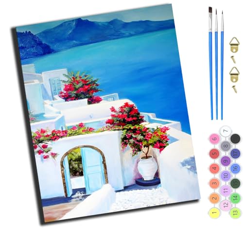 XIAOYOUQIAN Küstenstadt Santorini, Griechenland,Art Malen Nach Zahlen Erwachsene,Diy Handgemalt Ölgemälde Leinwand Set Für Home Haus Deko,(40X50Cm),Ohne Rahmen von XIAOYOUQIAN