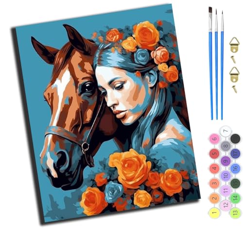 XIAOYOUQIAN Mädchen Und Pferd Blumen,Malen Nach Zahlen Erwachsene,Happy Painting Kits,Bastelset Leinwand Pinsel,Handgemalt Ölgemälde Kinder 40X50Cm,Mit Rahmen von XIAOYOUQIAN