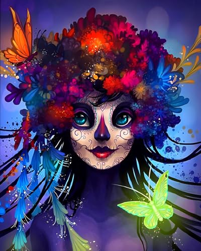 XIAOYOUQIAN Malen Nach Zahlen, Diy Handgemalt Ölgemälde, 3 Pinseln Und Vorgedruckt Leinwand，Ölgemälde, Festival Geschenk Home Deko，40X50Cm ，Comic Gothic Schminken Schmetterling Mädchen，Mit Rahmen von XIAOYOUQIAN