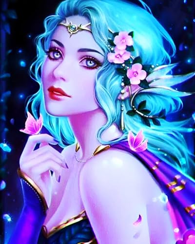 XIAOYOUQIAN Malen Nach Zahlen Erwachsene, Diy Ölgemälde Leinwand Kit Mit Pinseln Und Acrylfarbe Für Home Haus Deko, 50X40Cm ，Cartoon Märchen Blaue Haare Elfe Mädchen，Mit Rahmen von XIAOYOUQIAN
