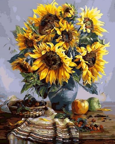 XIAOYOUQIAN Malen Nach Zahlen Erwachsene, Diy Ölgemälde Leinwand Kit Mit Pinseln Und Acrylfarbe Für Home Haus Deko, 50X40Cm ，Sonnenblumen-Stillleben，Mit Rahmen von XIAOYOUQIAN