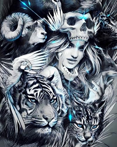 XIAOYOUQIAN Malen Nach Zahlen Erwachsene ，Diy Handgemalt Ölgemälde Kit ，Inklusive Pinsel Und Acrylfarben ，40X50 Cm,Cartoon Comic Totenkopf Mädchen Und Tiere，Mit Rahmen von XIAOYOUQIAN