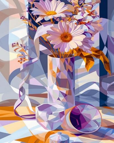 XIAOYOUQIAN Malen Nach Zahlen Erwachsene 40X50Cm, Mit Pinsels Und Acrylfarbe Kit, Diy Handgemalt Ölgemälde Für Geschenke Und Wandbilder Wohnzimmer ，Geometrisches Gänseblümchen-Stillleben，Mit Rahmen von XIAOYOUQIAN