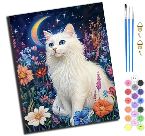 XIAOYOUQIAN Mondbeschienene Weiße Katze,Malen Nach Zahlen Erwachsene,Paint By Numbers,Diy Handgemalt Ölgemälde Mit 3,Pinseln Und Acrylfarbe Knitterfreie Leinwand Kit,40X50 Cm,Mit Rahmen von XIAOYOUQIAN