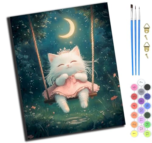 XIAOYOUQIAN Mondscheinprinzessin Katze,Malen Nach Zahlen Erwachsene,Happy Painting Kits,Bastelset Leinwand Pinsel,Handgemalt Ölgemälde Kinder 40X50Cm,Mit Rahmen von XIAOYOUQIAN