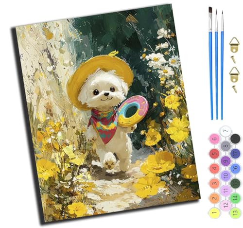 XIAOYOUQIAN Niedlicher Kleiner Weißer Hund Mit Gelbem Hut,Malen Nach Zahlen Erwachsene,Diy Handgemalt Ölgemälde,Mit Pinseln Malerei Kits Erwachsene Kunsthandwerk Für Zuhause 40X50 Cm,Ohne Rahmen XIAOYOUQIAN Niedlicher Kleiner Weißer Hund Mit Gelbem Hut,Malen Nach Zahlen Erwachsene,Diy Handgemalt Ölgemälde,Mit Pinseln Malerei Kits Erwachsene Kunsthandwerk Für Zuhause 40X50 Cm,Ohne Rahmen von XIAOYOUQIAN