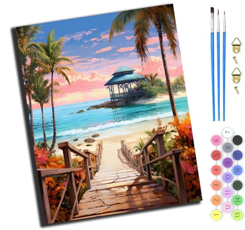 XIAOYOUQIAN Pavillon An Der Strandpromenade,Malen Nach Zahlen Erwachsene,Diy Handgemalt Ölgemälde Kit,Paint By Numbers Adult Mit 3,Pinseln Und Acrylfarbe Leinwand Kit,40X50 Cm,Ohne Rahmen von XIAOYOUQIAN