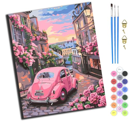 XIAOYOUQIAN Romantische Blumen Sonnenuntergang Straße Rosa Auto,Malen Nach Zahlen Erwachsene,Diy Mit Pinseln Und Acrylfarben Handgemalt Ölgemälde Leinwand Für Home Decor,(40X50Cm),Ohne Rahmen von XIAOYOUQIAN