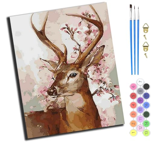 XIAOYOUQIAN Sakura Hirschkönig,Malen Nach Zahlen Erwachsene,Paint By Numbers,Diy Handgemalt Ölgemälde Mit 3,Pinseln Und Acrylfarbe Knitterfreie Leinwand Kit,40X50 Cm,Ohne Rahmen von XIAOYOUQIAN