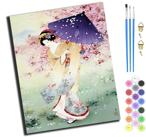 XIAOYOUQIAN Sakura Japanische Geisha,Malen Nach Zahlen Erwachsene,Paint By Numbers,Diy Handgemalt Ölgemälde Mit 3,Pinseln Und Acrylfarbe Knitterfreie Leinwand Kit,40X50 Cm,Ohne Rahmen von XIAOYOUQIAN