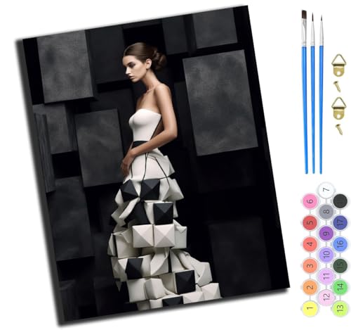 XIAOYOUQIAN Schwarz-Weißes Kleid Mädchen,Art Malen Nach Zahlen Erwachsene,Diy Handgemalt Ölgemälde Leinwand Set Für Home Haus Deko,(40X50Cm),Ohne Rahmen von XIAOYOUQIAN