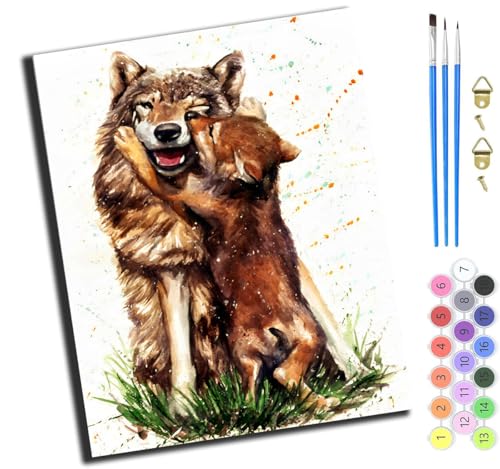 XIAOYOUQIAN Tier Aquarell Wolf Mutterliebe,Malen Nach Zahlen Erwachsene,Diy Handgemalt Ölgemälde,Mit Pinseln Malerei Kits Erwachsene Kunsthandwerk Für Zuhause 40X50 Cm,Mit Rahmen von XIAOYOUQIAN