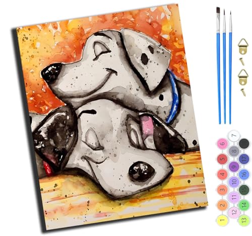XIAOYOUQIAN Tier Aquarell Zwei Gefleckte Hunde,Malen Nach Zahlen Erwachsene,Diy Handgemalt Ölgemälde,Mit Pinseln Malerei Kits Erwachsene Kunsthandwerk Für Zuhause 40X50 Cm,Mit Rahmen von XIAOYOUQIAN