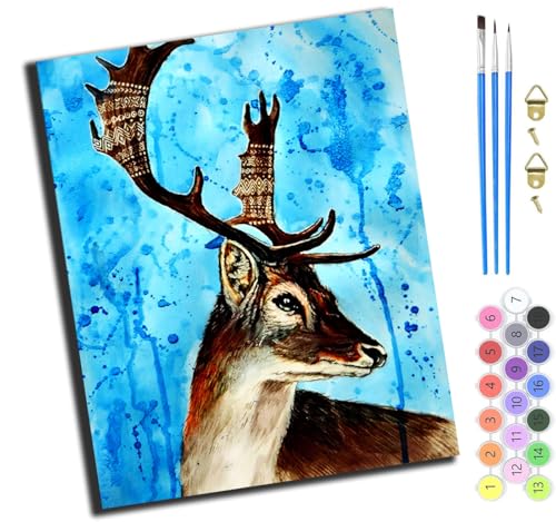 XIAOYOUQIAN Tier-Cartoon-Hirsch,Malen Nach Zahlen Erwachsene,Diy Handgemalt Ölgemälde Kit,Paint By Numbers Adult Mit 3,Pinseln Und Acrylfarbe Leinwand Kit,40X50 Cm,Mit Rahmen von XIAOYOUQIAN