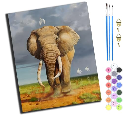 XIAOYOUQIAN Tier Elefant Einsam,Malen Nach Zahlen Erwachsene,Paint By Numbers,Diy Handgemalt Ölgemälde Mit 3,Pinseln Und Acrylfarbe Knitterfreie Leinwand Kit,40X50 Cm,Mit Rahmen von XIAOYOUQIAN