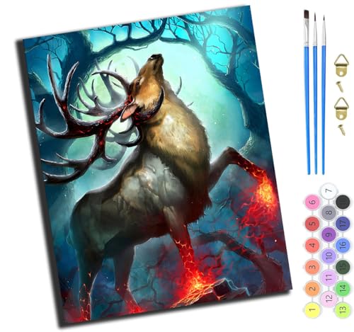 XIAOYOUQIAN Tier Flamme Hirsch,Malen Nach Zahlen Erwachsene,Diy Ölgemälde Leinwand Set Mit 3 Pinsel Und Acrylpigment Für Geburtstag Deko Geschenk,40X50 Cm,Mit Rahmen von XIAOYOUQIAN