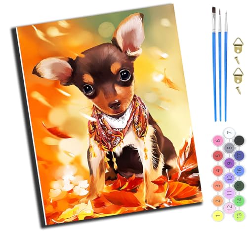 XIAOYOUQIAN Tier Hund Blätter,Malen Nach Zahlen Erwachsene,Diy Handgemalt Ölgemälde Kit,40X50 Cm,Paint By Numbers Adult Mit 3,Pinseln Und Acrylfarbe Leinwand Kit,Mit Rahmen von XIAOYOUQIAN