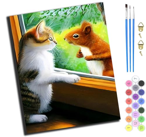 XIAOYOUQIAN Tier Katze Eichhörnchen Freunde,Malen Nach Zahlen Erwachsene,Diy Mit Pinseln Und Acrylfarben Handgemalt Ölgemälde Leinwand Für Home Decor,(40X50Cm),Mit Rahmen von XIAOYOUQIAN
