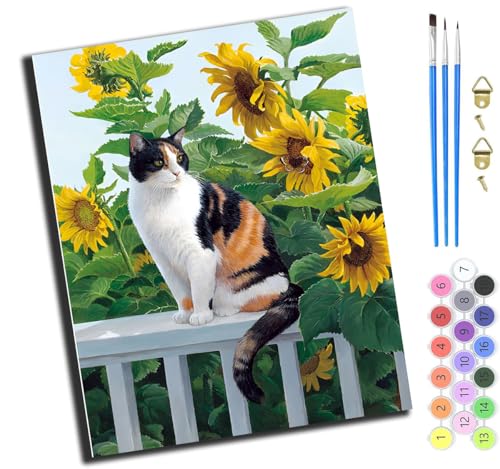XIAOYOUQIAN Tier Katze Sonnenblume,Malen Nach Zahlen Erwachsene,Diy Handgemalt Ölgemälde Kit,Paint By Numbers Adult Mit 3,Pinseln Und Acrylfarbe Leinwand Kit,40X50 Cm,Mit Rahmen von XIAOYOUQIAN