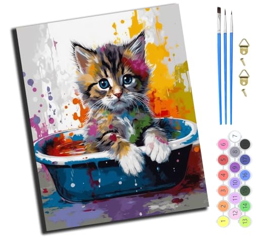 XIAOYOUQIAN Tierbadekatze,Malen Nach Zahlen Erwachsene Kinder,Mädchen Und Junge,Farbiges Leinwand Acrylfarben Diy Ölgemälde Set Zur Heimdekoration,40X50Cm,Mit Rahmen von XIAOYOUQIAN